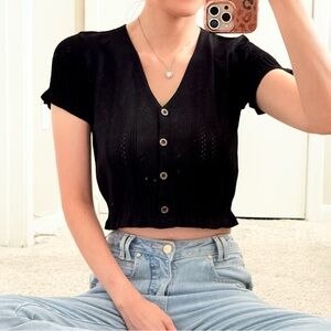 #023 | Black V-Neck Pointelle Knit Crop Top | Ruffle Trim | XS/S